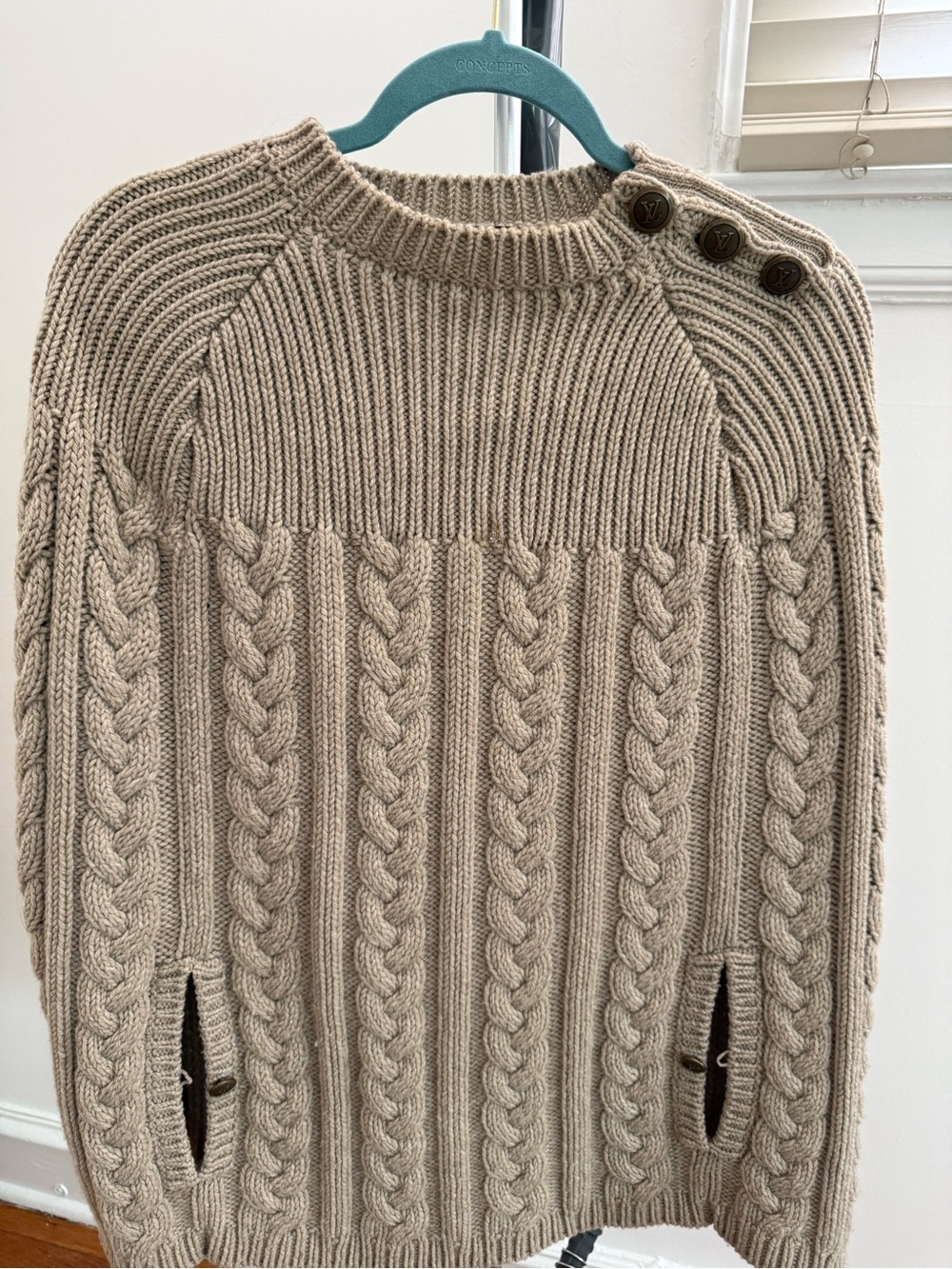 Louis Vuitton Taupe Cable-Knit Poncho Sweater with Logo Buttons